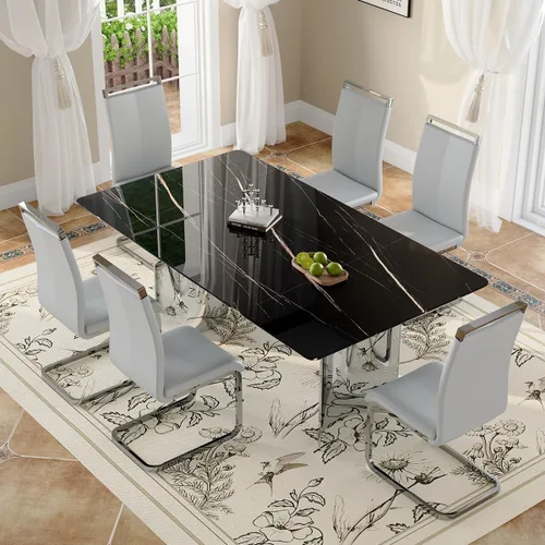 Miniatura 14 de Moderno juego de mesa de comedor para 6, 7 piezas, mesa rectangular de mármol sintético de 71 pulgadas con base de acero inoxidable plateado