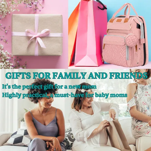 Miniatura 8 de Bolsa de pañales, artículos esenciales para bebés, mochila multifuncional de gran capacidad, el mejor regalo para recién nacidos con estación de Rosa