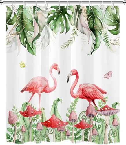 Miniatura 2 de Juego de cortinas de ducha de flamenco rosa, hoja verde salvia con hongo rojo, cortina de ducha para baño, cortina de ducha tropical de hoja