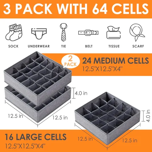 Miniatura 2 de Criusia Paquete de 3 organizadores para separar la ropa interior y los calcetines, organizadores de cajones con 64 celdas, organizadores de tela Gris