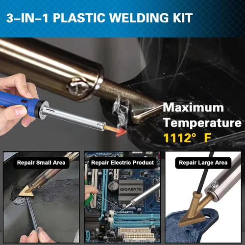 Miniatura 3 de Kit de Soldador de Plástico de 130W Deluxe, Kit de Soldador de Hierro de Soldadura de Plástico 3-en-1, Herramienta Profesional de Reparación de Negro