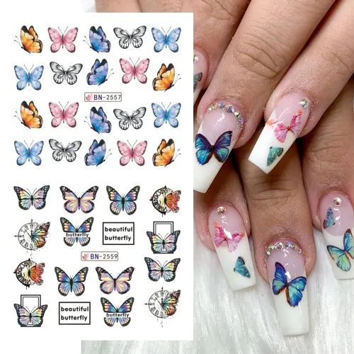 Miniatura 5 de SINSEN Calcomanías de arte de uñas de mariposa, mariposas coloridas de primavera y verano, bonitas decoraciones de arte de uñas para mujeres
