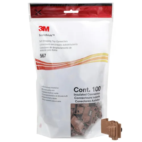 3M Scotchlok Conectores de derivación con autopelado 567, funcionamiento y grifo, marrón, calibre de alambre estadounidense 18-14 AWG (grifo), 12-10