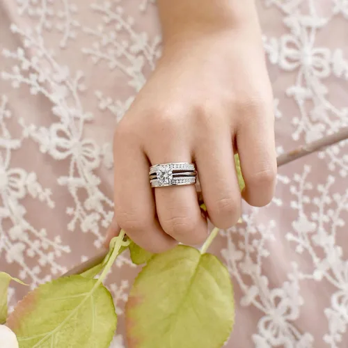 Miniatura 5 de Blongme Juegos de anillos de boda de catedral y clásicos para mujeres, plata esterlina 925, conjunto de anillos nupciales realzador, circonita