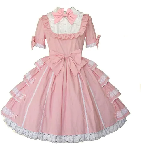 Jeufoin Vestido rosa dulce de manga corta Kawaii estilo japonés princesa vestidos con lazos para mujeres y niñas