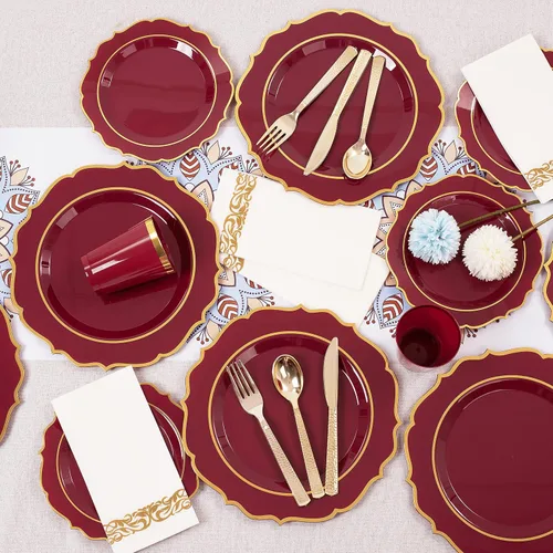 Miniatura 7 de Platos desechables burdeos - 50 platos de plástico granate, juego de vajilla de plástico rojo, 25 vasos de 10 onzas, 75 cubiertos dorados, 25 Borgoña