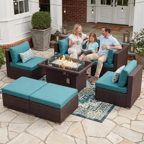 BULEXYARD Juego de muebles de patio de respaldo alto de 7 piezas con mesa de fogata de combustible dual propano/gas natural, sofá seccional