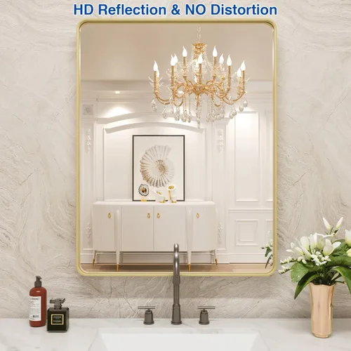 Miniatura 2 de WEER - Espejo de baño dorado, espejo de marco de metal dorado cepillado de 24x36 pulgadas, espejo de baño de tocador dorado de forma rectangular