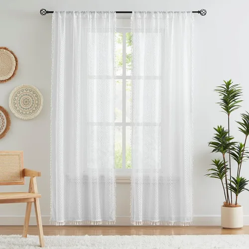 Miniatura 12 de ZJDECOR Cortinas traslúcidas de encaje bohemio de 54 pulgadas de largo, juego de 2 paneles de cortinas con patrón geométrico rústico beige