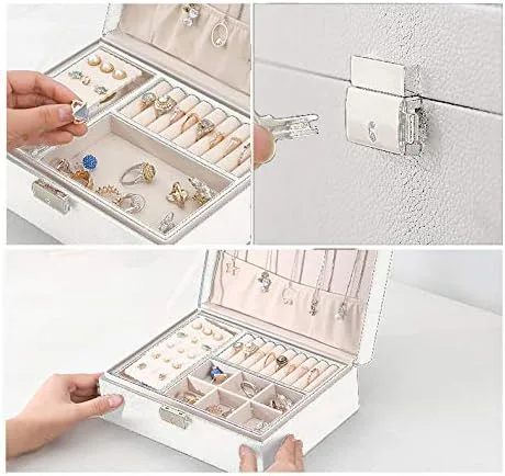 Miniatura 4 de ProttyLife Joyeros para mujer, 2 capas grandes, organizador de joyas para mujer, organizador grande con cerradura para joyería, soporte para aretes