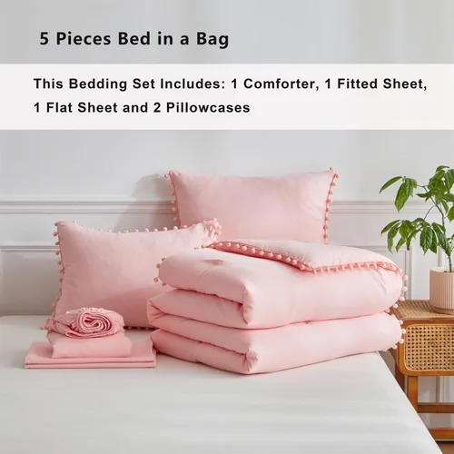 Miniatura 6 de IHOUSTRIY Juego de edredón rosa para niños, tamaño individual, cama en una bolsa, tamaño individual, 5 piezas para adolescentes y niñas