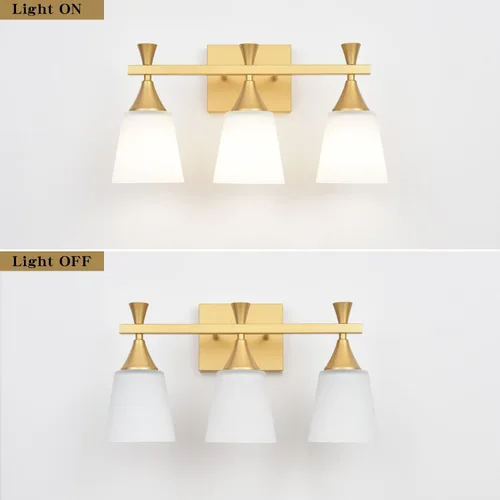 Miniatura 9 de Lámpara moderna de tocador de baño de 3 luces, lámparas de pared de vidrio de leche sobre el espejo, iluminación de tocador de oro cepillado