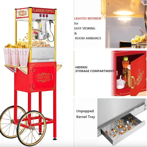 Miniatura 2 de Máquina de palomitas de maíz de 8 onzas con carrito – 3 galones por lote, estilo vintage profesional para hacer palomitas de maíz estilo teatro