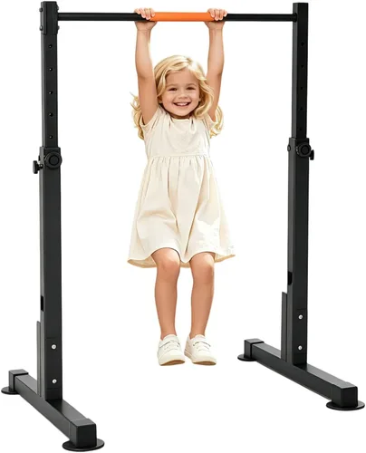 Safly Fun Gymnastics Bar for Kids Ages 3-15 | Sturdy Steel Home Gym, Adjustable Height (3 to 5 ft) with Anti-Slip Base, Easy Assembly