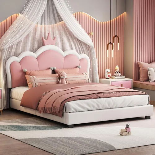 Miniatura 11 de Cama de princesa tapizada en forma de conejo de tamaño individual, moderna y bonita cama de plataforma de piel sintética con cabecero y estribo