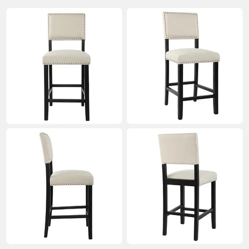 Miniatura 8 de LSSBOUGHT Taburete de bar tapizado de tela de lino con patas de madera de goma, silla de bar con ribete clavado para isla de cocina