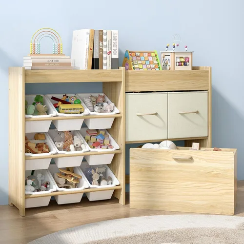 EXPERLAM Organizador de almacenamiento de juguetes para niños, organizador de juguetes de 9 compartimentos con 2 cajones, cofre de juguetes móvil y