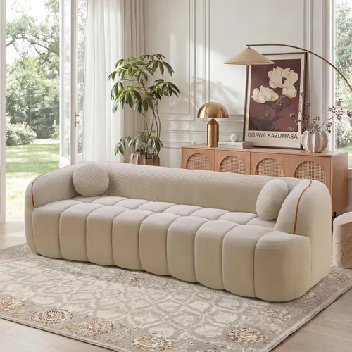 Miniatura 13 de Sofá de asiento profundo moderno de 3 plazas con patas de madera de abedul, sofá de cuero de 80.25 pulgadas, sofá tapizado suave para sala de estar