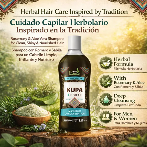 Miniatura 2 de Champú KUPA + FORTE con romero y aloe vera, 13.5 onzas líquidas, fórmula inspirada en huichol a base de hierbas, limpieza profunda y cuidado