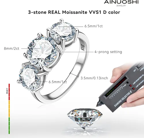 Miniatura 3 de AINUOSHI Anillo de compromiso de moissanita de 2 a 4 quilates, anillo de boda de 3 piedras para mujer, plata de ley 925, anillos de compromiso