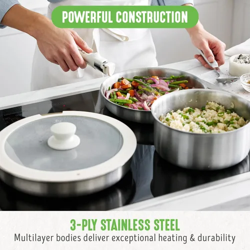 Miniatura 2 de GreenLife Ollas y sartenes de acero inoxidable de 10 piezas, juego de cocina desmontable y apilable, utensilios de cocina sin PFAS de tres capas