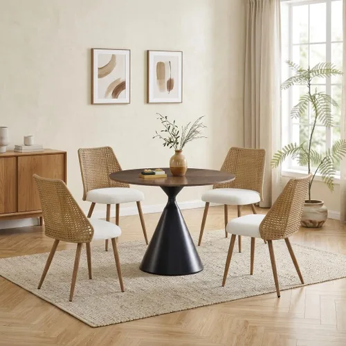 Miniatura 8 de Juego de 4 sillas de comedor de ratán, sillas de cocina tapizadas Boucle, sillas de comedor modernas de mediados de siglo, sillas de caña de Blanco