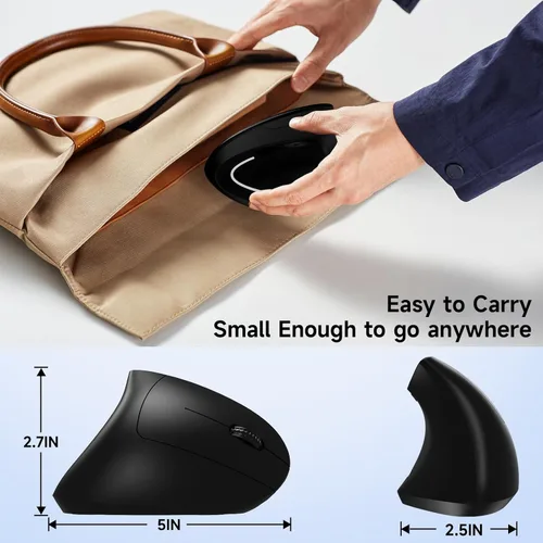 Miniatura 8 de Ratón inalámbrico vertical ergonómico, elegante, recargable, 2.4G, ratón óptico inalámbrico con receptor USB, 800/1200/1600 DPI, 5 botones para Negro