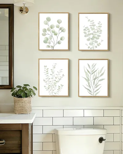KUVIOKE Arte botánico enmarcado bohemio para pared de plantas de baño, decoración de pared, impresiones de hojas de eucalipto verde salvia, estética
