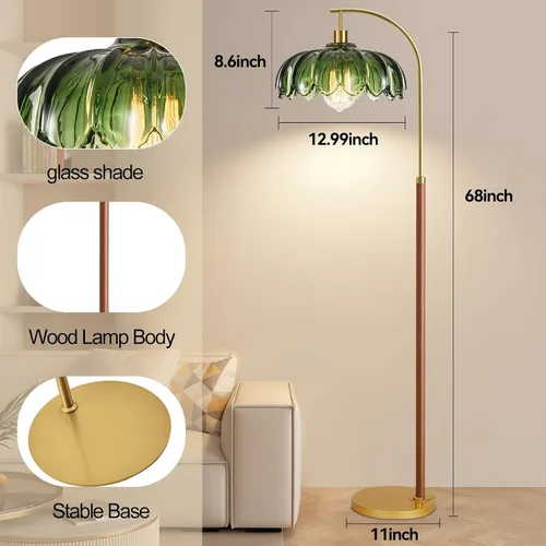 Miniatura 5 de Lámparas de pie de madera para sala de estar, lámpara de pie dorada con control remoto y pantalla de cristal, lámpara de arco de flores, lámpara