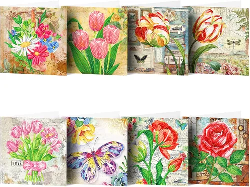 Miniatura 11 de LUSandy 8 paquetes de tarjetas de Navidad con pintura de diamante 5D para adultos, gnomos de Navidad, tarjetas de felicitación de arte de Papá Noel