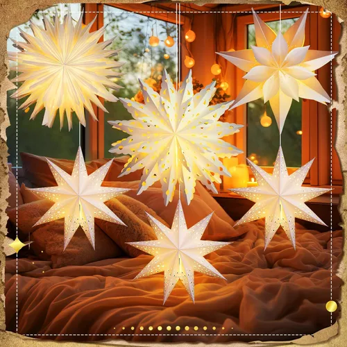 Miniatura 6 de Watersay Paquete de 6 Faroles de Papel de Copo de Nieve de Navidad Faroles de Papel de Estrella de Navidad con 6 Luces LED Blancas Ornamentos