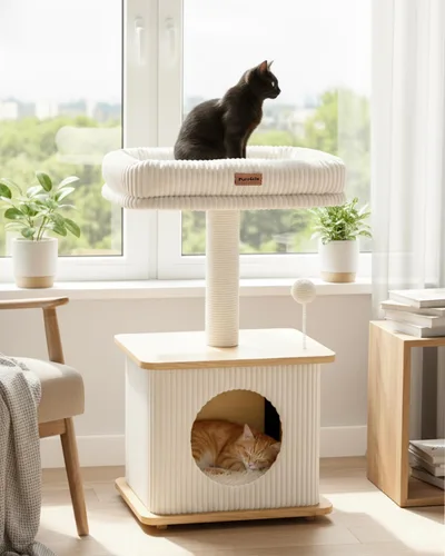 Miniatura 8 de Moderno árbol para gatos de interior, estilo nórdico loft, torre de madera para gatos con postes rascadores de sisal, camas acolchadas suaves