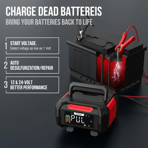Miniatura 6 de NEXPEAK Cargador de batería de 15 A, cargador de goteo de 12 V/24 V, cargador de batería inteligente LiFePO4 de 9 etapas, mantenedor de batería