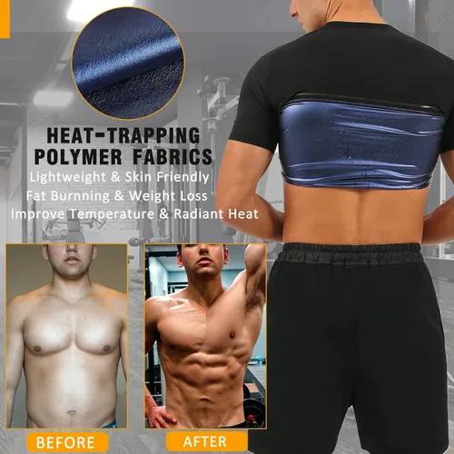 Miniatura 3 de BXVX Sauna Shirt for Men Sweat Suit Short Sleeve Compression Weight Loss Body Shaper T-Shirt for Workout Exercise