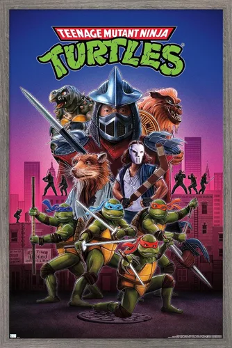 Teenage Mutant Ninja Turtles (1990) - Póster de pared de una hoja, 22.4 pulgadas de largo x 14.7 pulgadas de ancho, versión enmarcada de madera de