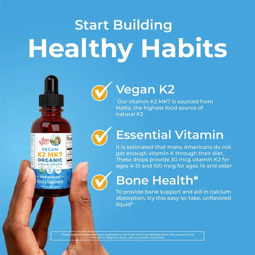 Miniatura 6 de MaryRuth’s Gotas Líquidas de Vitamina K2 MK7 Orgánicas USDA para Adultos y Niños Obtenidas de Natto Menaquinona- 7 Vitamina K2 Vegana