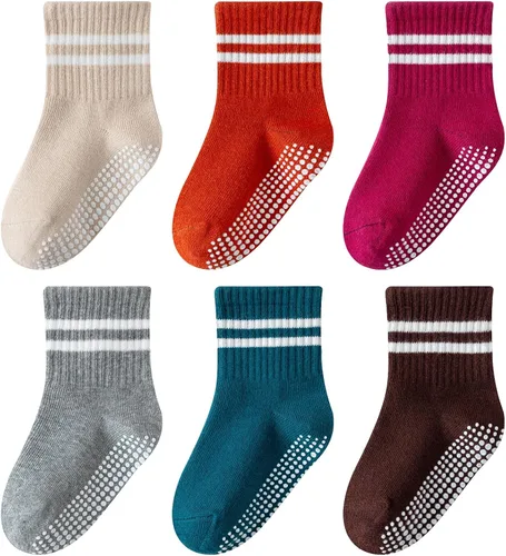 Miniatura 12 de Calcetines de agarre para niños pequeños, antideslizantes, unisex, con rayas retro sin costuras, calcetines de algodón para niñas y niños, 6 pares