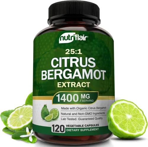 NutriFlair Bergamota cítrica orgánica de 1400 mg, 120 cápsulas – Bergamia 25:1 – Aceite esencial y bioflavonoides cítricos – Suplementos naturales