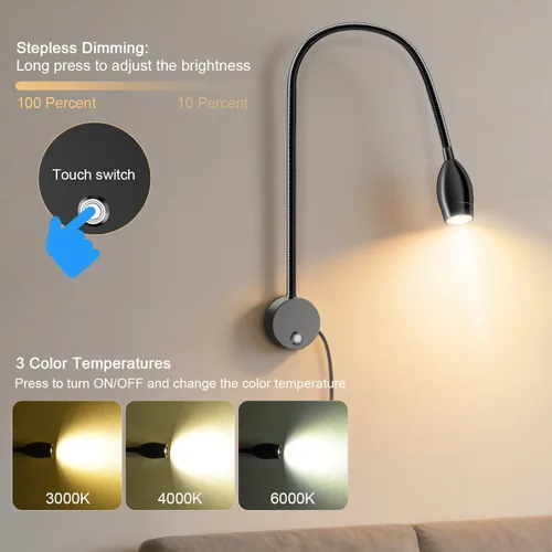 Miniatura 2 de ERAY 1 paquete de 1 luz LED de lectura para cama montada en la pared Touch Control, 3 Dimmable, 360°Flexible Gooseneck Headboard Book Reading
