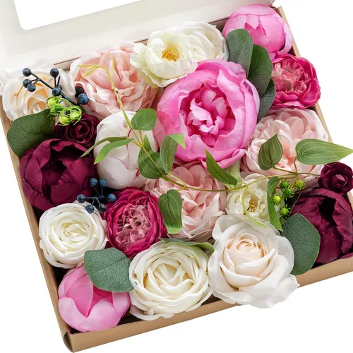 Miniatura 33 de Ling's moment Caja de Flores Falsas, Tallos de Vegetación Artificial Falsa, Rosas de Espuma, Gardenias, Hortensias de Seda, Ranúnculos, Flor de Tela