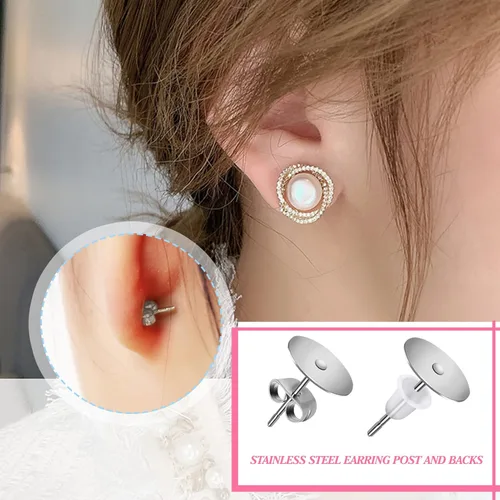 Miniatura 5 de TOAOB - 300 postes y respaldos de aretes de acero inoxidable plateado, hipoalergénicos, de 0.394 pulgadas, con goma transparente y parte trasera