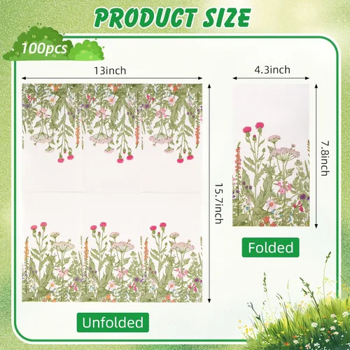 Miniatura 2 de 100 servilletas de papel de flores silvestres desechables florales de 3 capas, servilletas vintage botánicas de hojas verdes, hierbas, toalla
