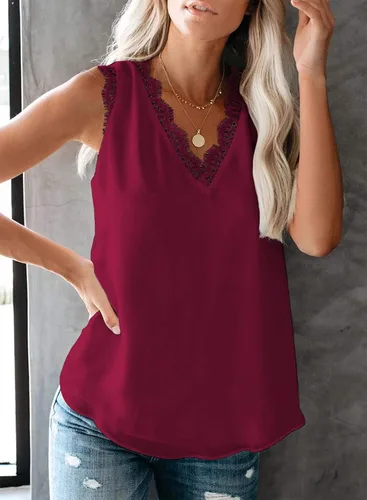 Miniatura 249 de VIISHOW - Camiseta sin mangas, sexy, con cuello en V y bordes de encaje para mujer, camisola de vestir, camisas de gasa, sin mangas, casuales
