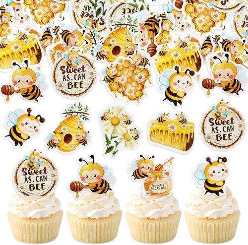 Miniatura 17 de Ercadio 24 piezas de decoración de cupcakes de abeja con purpurina de nido de abeja y miel para temática de abejas, baby shower, niños y niñas