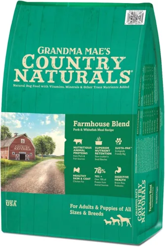 Grandma Mae's Country Naturals Alimento seco para perros, fórmula de mezcla de granja, cerdo, pescado y arroz integral, cocción lenta y rica en