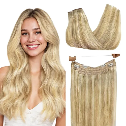 Miniatura 14 de GOO GOO Extensiones de Cabello Humano con Alambre, 18A/613A Rubio Oscuro mezclado con Rubio Decolorado Resaltado 18 pulgadas 95g, Extensiones