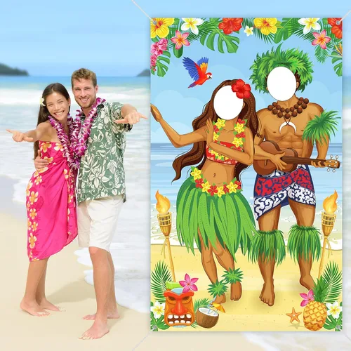 Miniatura 4 de Frienda Luau - Cartel de fotos para puerta de pareja, decoración de fiesta hawaiana de Tiki Luau, accesorios de fotos de Aloha Tiki para reunirse