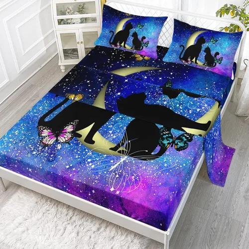 Miniatura 18 de Axolotl Juego de sábanas de gato negro de dibujos animados tamaño full, diseño de estrellas y luna impreso, ropa de cama para niños para decoración
