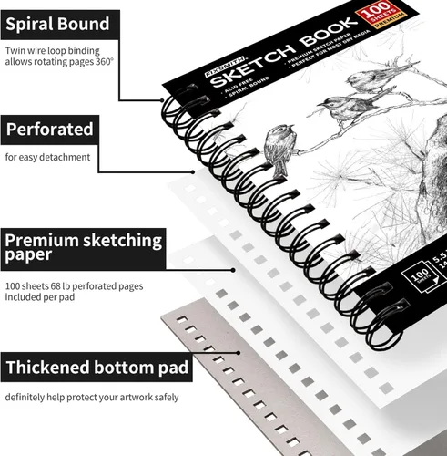 Miniatura 5 de FIXSMITH Cuaderno de bocetos de 5.5"X8.5" 100 hojas (68 lb/100gsm) Cuaderno de bocetos Papel de dibujo libre de ácido Bloc de bocetos de Negro