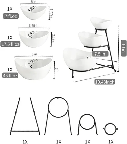 Miniatura 2 de YHOSSEUN Soporte de 3 niveles para servir con juego de 3 tazones ovalados de porcelana para servir con soporte de metal plegable más grueso